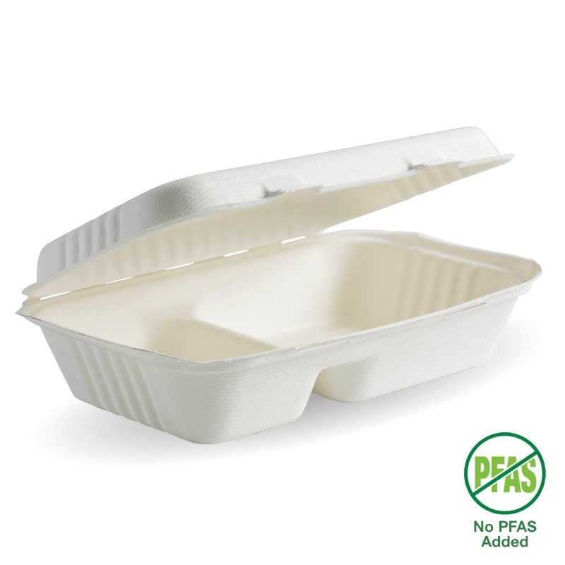 23x15x8cm / 9x6x3" 2-Compartment White Plant Fibre Clamshell 1