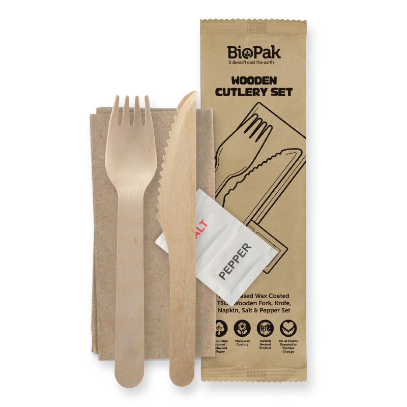 16cm Coated Wood Knife, Fork, Napkin, Salt & Pepper Set 1